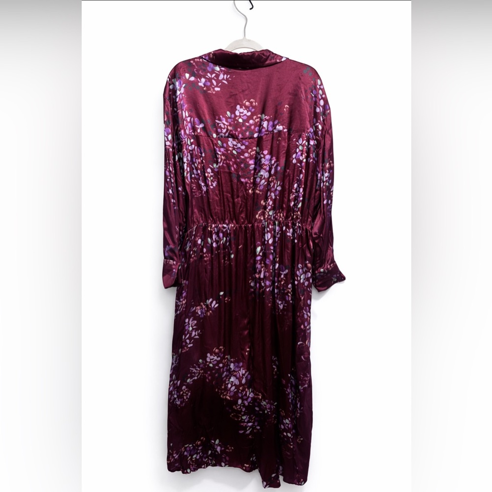 Vince Silk Floral Tie Waist Shirt Dress Burgundy Long Sleeve NWT 1X - Picture 3 of 10